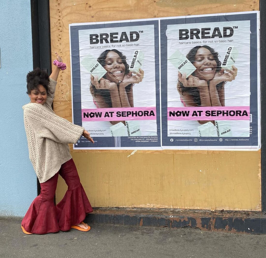 Maeva presenting two Bread photos featuring that they are available in Sephora.